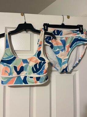 Old Navy Coral, Teal & Navy Abstract Leaf Bikini